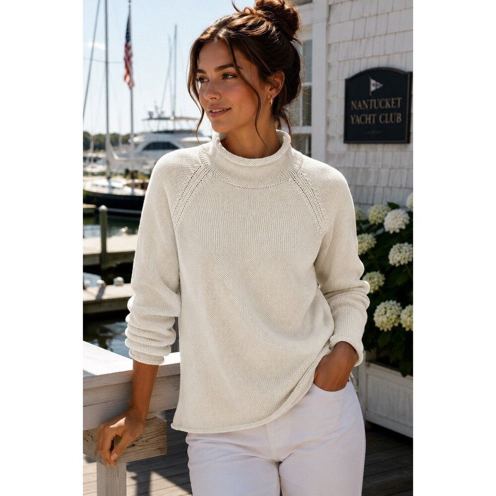 J Crew 1988 Rollneck Sweater Womens L Cream Cotton Minimalist Coastal BW186